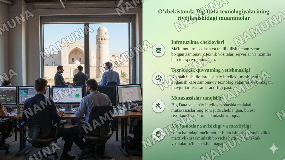 Raqamli iqtisodiyot sharoitida sun’iy intellekt va katta ma’lumotlar (Big Data) tahlilining
iqtisodiy tarmoqlardagi o’rni (Ma’lumotlarni qayta ishlash texnologiyalari, Big Data va loT tizimlarini iqtisodiyotga tatbiq etish — taqdimot, 6-slayd