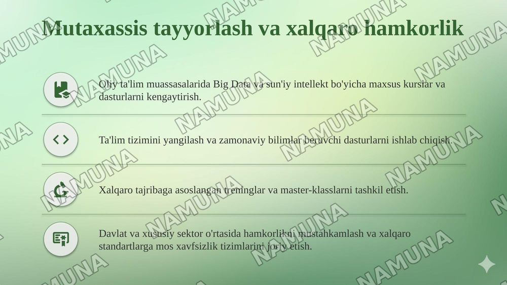 Raqamli iqtisodiyot sharoitida sun’iy intellekt va katta ma’lumotlar (Big Data) tahlilining
iqtisodiy tarmoqlardagi o’rni (Ma’lumotlarni qayta ishlash texnologiyalari, Big Data va loT tizimlarini iqtisodiyotga tatbiq etish — taqdimot, 8-slayd