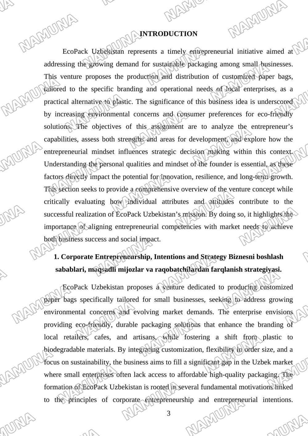 EcoPack Uzbekistan — Assignment Plan Venture Idea: Customized Paper Bags for Small Businesses. Part 1 — The Founder Explain the business idea in three sentences. Entrepreneurial mindset's attitude, imp — referat, 3-varaq