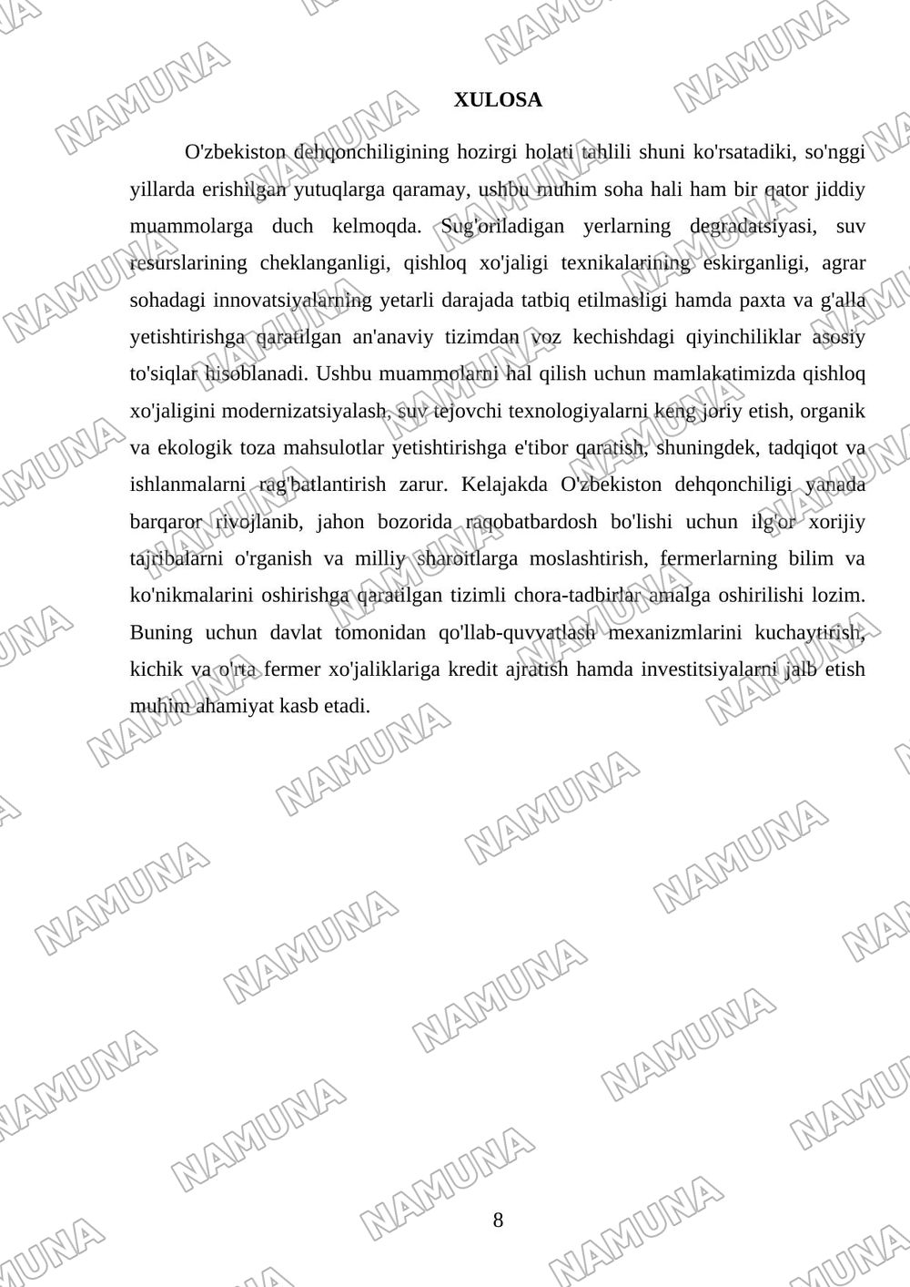 Respublikamiz dehqonchiligining hozirgi holati muammolar va hal qilish yollari — mustaqil ish, 8-varaq