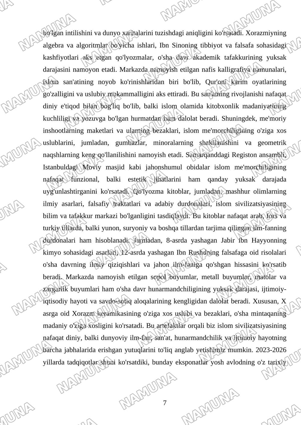 Xalqaro islom sivilizatsiyasi markazi eksponatlari taasurotlari xususida sõrovnoma õtkazish — mustaqil ish, 7-varaq