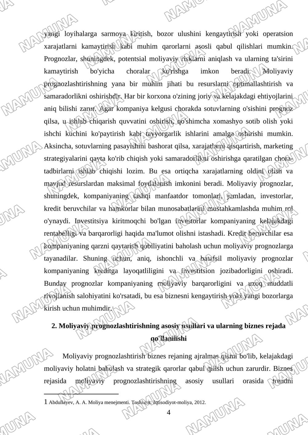 Biznes rejada moliyaviy pragnozlashtirish snariy va sezgirlik — mustaqil ish, 4-varaq