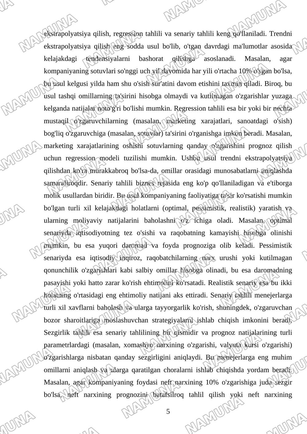 Biznes rejada moliyaviy pragnozlashtirish snariy va sezgirlik — mustaqil ish, 5-varaq
