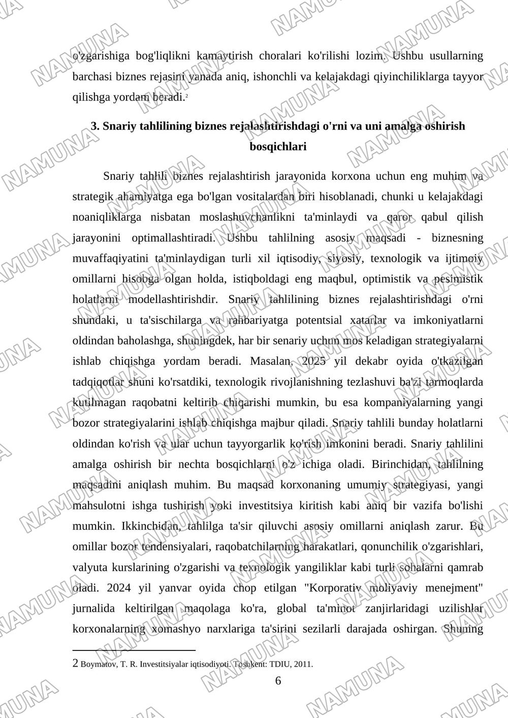 Biznes rejada moliyaviy pragnozlashtirish snariy va sezgirlik — mustaqil ish, 6-varaq