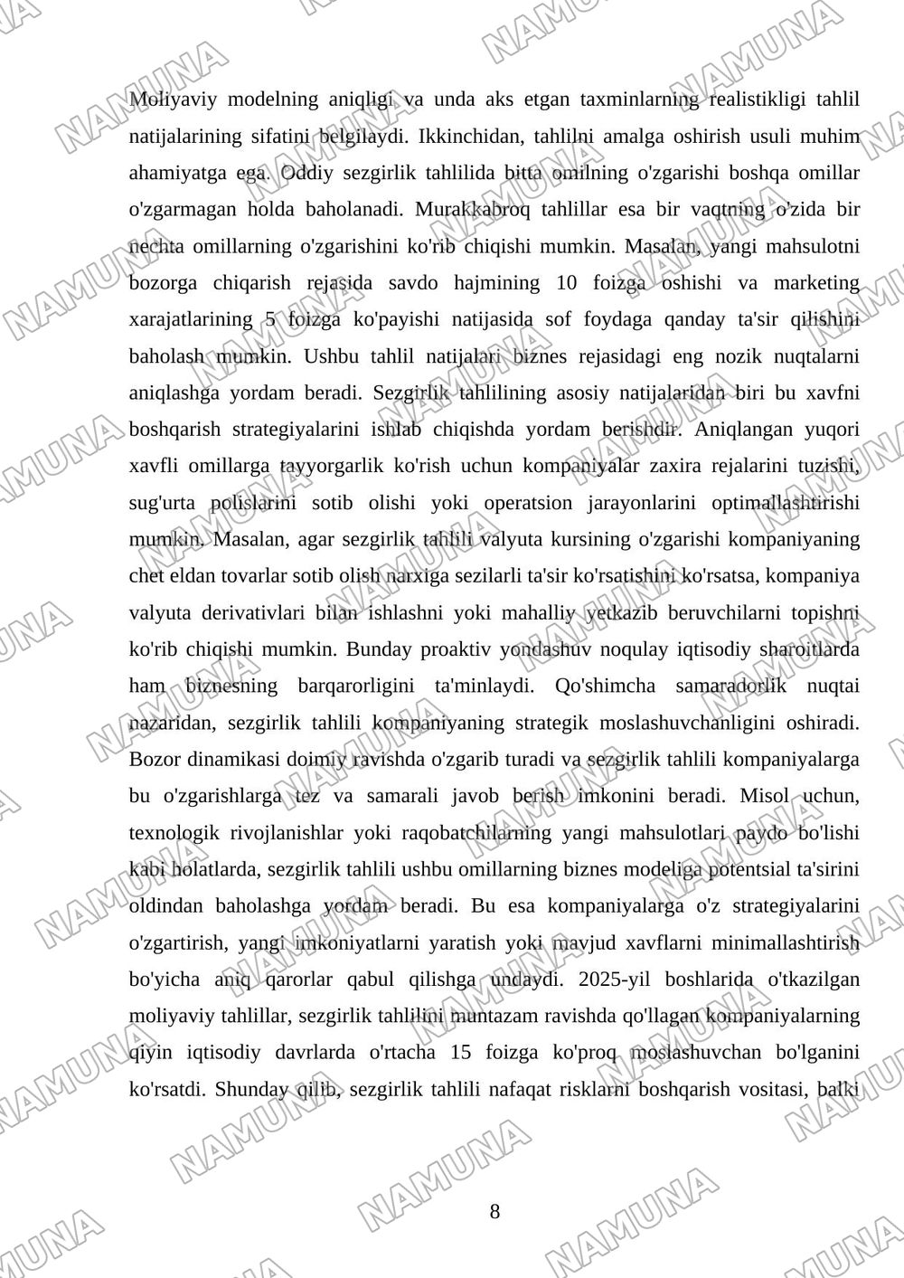 Biznes rejada moliyaviy pragnozlashtirish snariy va sezgirlik — mustaqil ish, 8-varaq