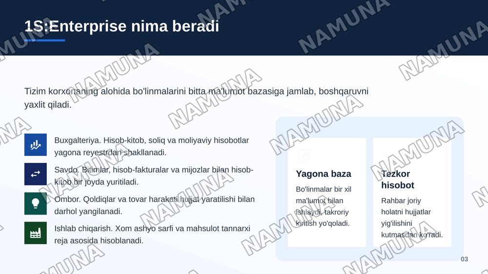 1S:Enterprise tizimining O’zbekistondagi qo’llanilishi — zamonaviy taqdimot, 4-slayd