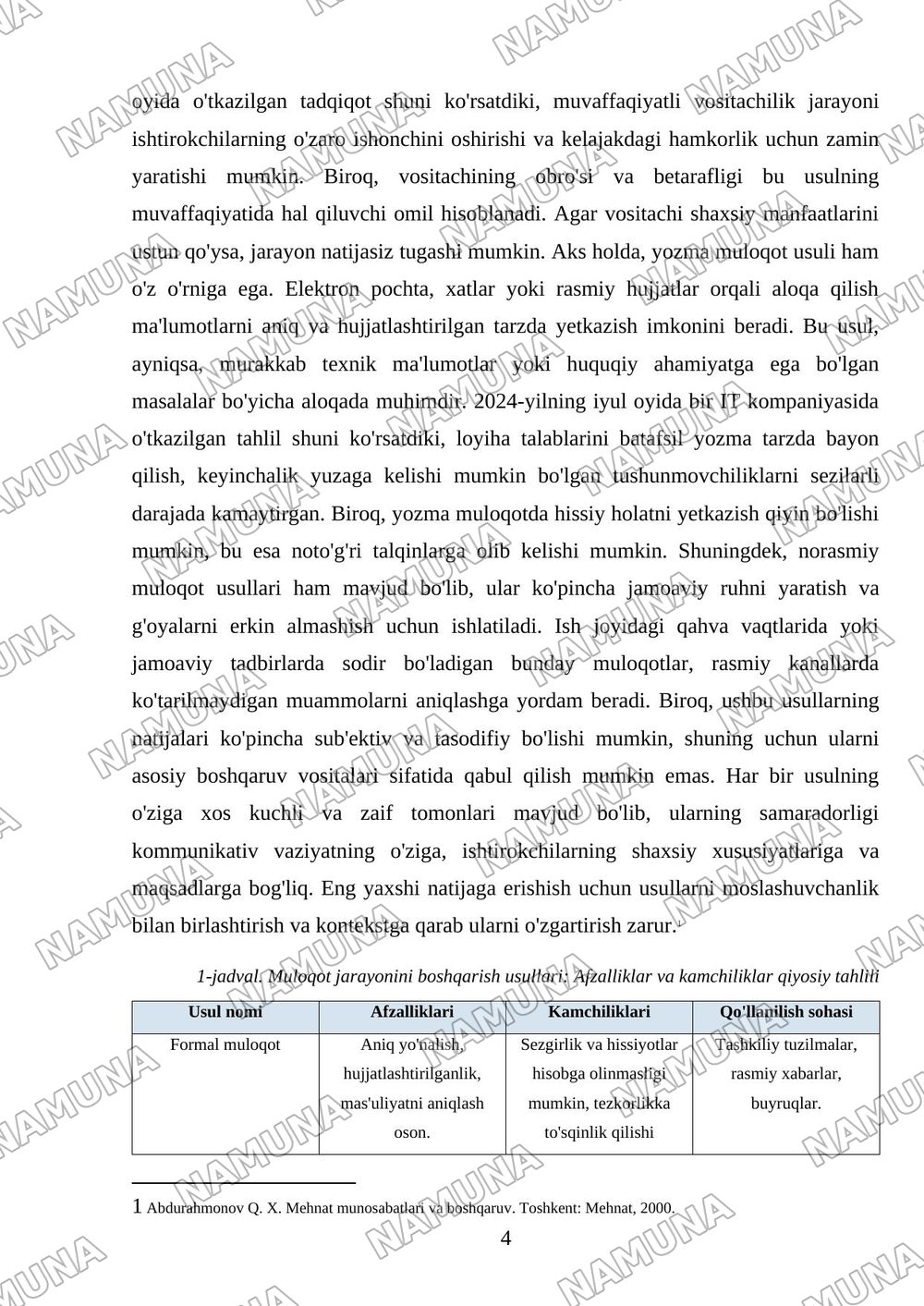 Muloqot jarayonini boshqarish usullarini qiyosiy taxlilini o'tkazish — mustaqil ish, 4-varaq