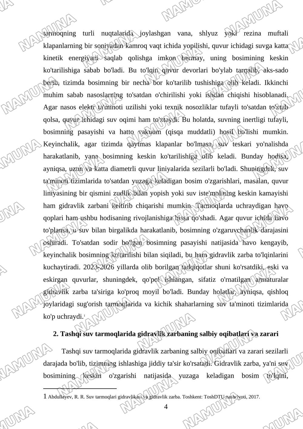 Tashqi suv tarmoqlarida gidrovlik zarba (gidroudar) hodisasi va undan himoya qiluvchi zamonaviy klapanlarning ishlash prinsiplari. — referat, 4-varaq