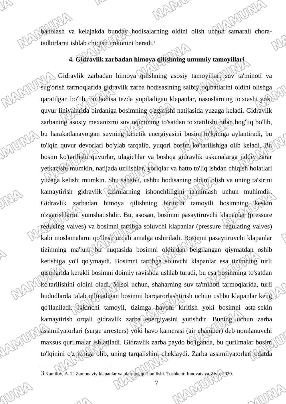 Tashqi suv tarmoqlarida gidrovlik zarba (gidroudar) hodisasi va undan himoya qiluvchi zamonaviy klapanlarning ishlash prinsiplari. — referat, 7-varaq