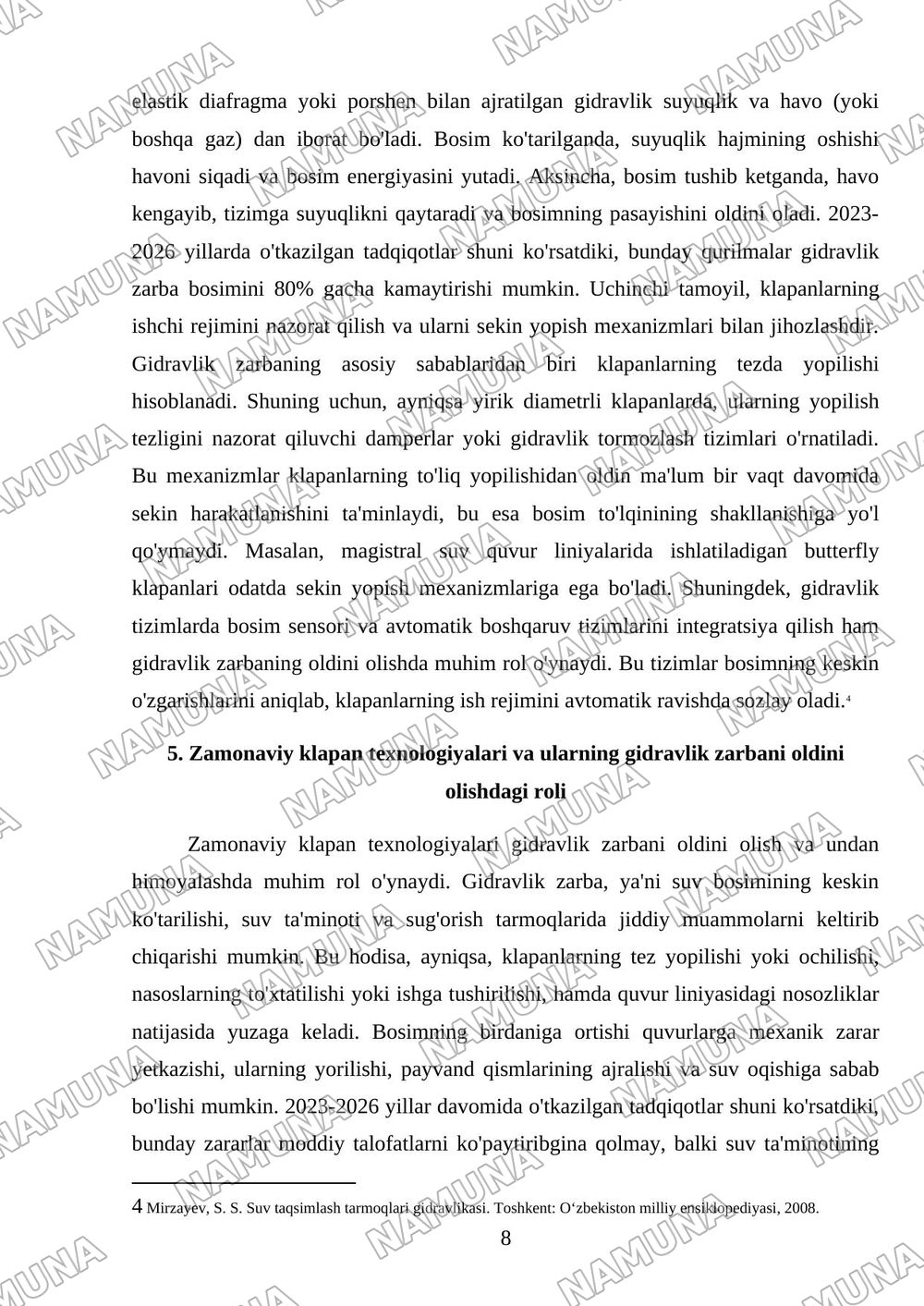 Tashqi suv tarmoqlarida gidrovlik zarba (gidroudar) hodisasi va undan himoya qiluvchi zamonaviy klapanlarning ishlash prinsiplari. — referat, 8-varaq