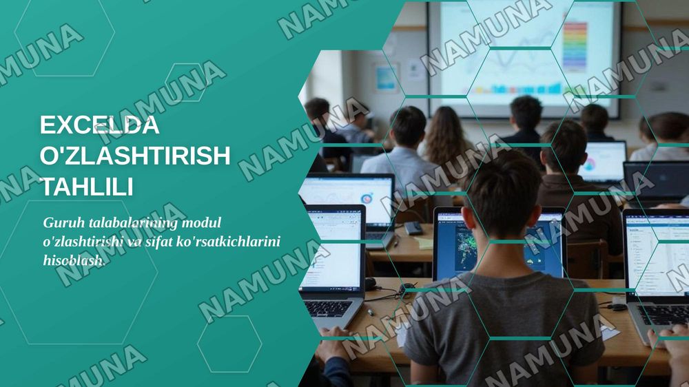 Excel dasturida guruh talabalarining modullar bo'yicha o'zlashtirish
ko'rsatkichi, sifat ko'rsatkichlarini hisoblash va jadval tuzish, natijalar
asosida digrammalar yaratish — zamonaviy taqdimot, 1-slayd