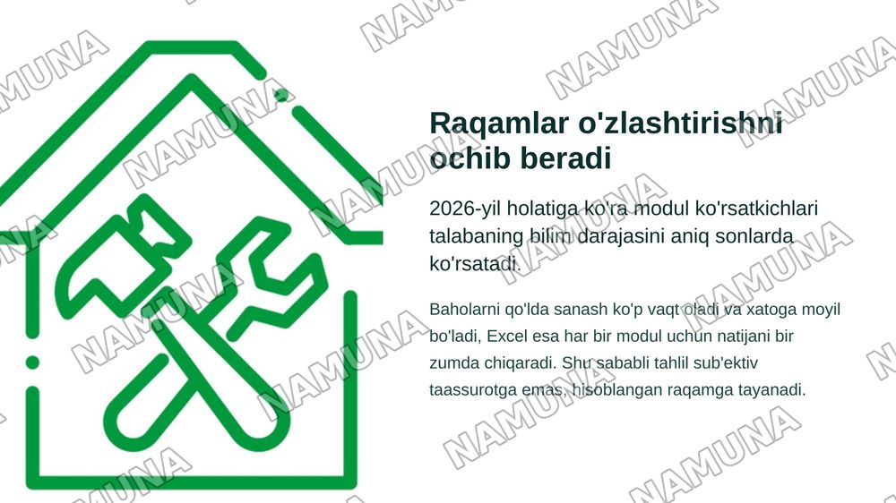 Excel dasturida guruh talabalarining modullar bo'yicha o'zlashtirish
ko'rsatkichi, sifat ko'rsatkichlarini hisoblash va jadval tuzish, natijalar
asosida digrammalar yaratish — zamonaviy taqdimot, 3-slayd