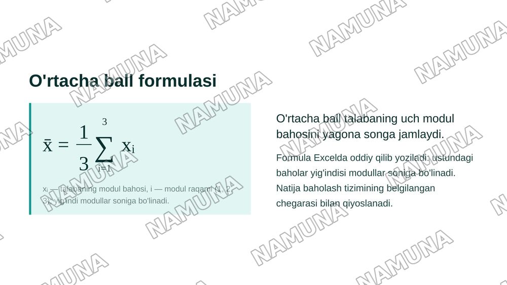 Excel dasturida guruh talabalarining modullar bo'yicha o'zlashtirish
ko'rsatkichi, sifat ko'rsatkichlarini hisoblash va jadval tuzish, natijalar
asosida digrammalar yaratish — zamonaviy taqdimot, 6-slayd