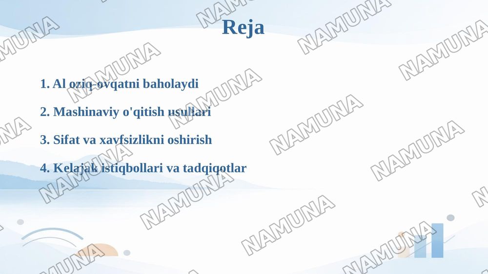 Sun'iy intellekt

Al va mashinaviy oqitish orqali oziq-ovqat tarkibi, sifati va xavfsizligini baholash. — taqdimot, 2-slayd