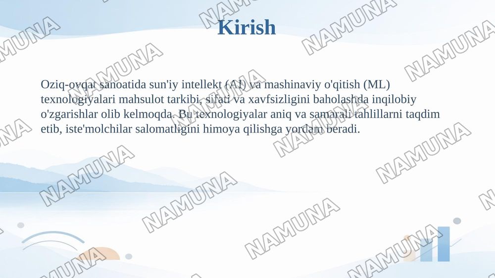Sun'iy intellekt

Al va mashinaviy oqitish orqali oziq-ovqat tarkibi, sifati va xavfsizligini baholash. — taqdimot, 3-slayd
