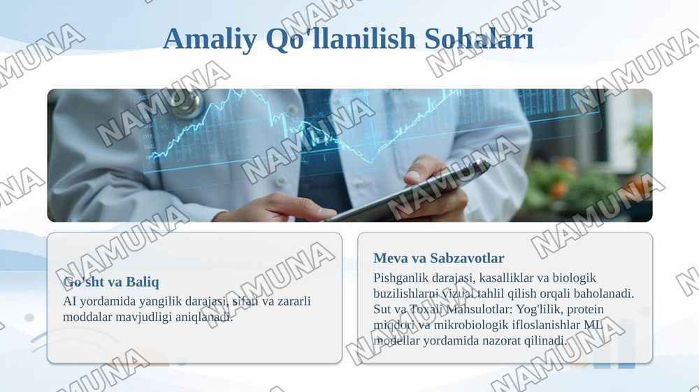 Sun'iy intellekt

Al va mashinaviy oqitish orqali oziq-ovqat tarkibi, sifati va xavfsizligini baholash. — taqdimot, 8-slayd