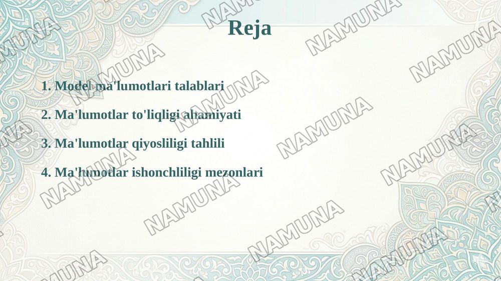 Ekonometrik modellarning axborot ta'minoti: ma'lumotlarga qo'yiladigan talablar (to'liqlik, qiyoslilik, ishonchlilik) — taqdimot, 2-slayd