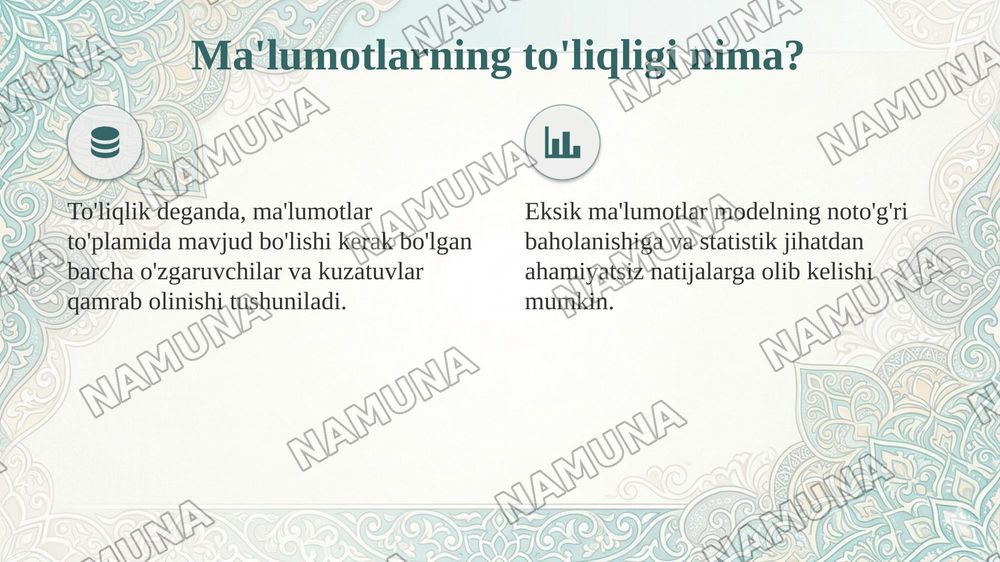 Ekonometrik modellarning axborot ta'minoti: ma'lumotlarga qo'yiladigan talablar (to'liqlik, qiyoslilik, ishonchlilik) — taqdimot, 4-slayd