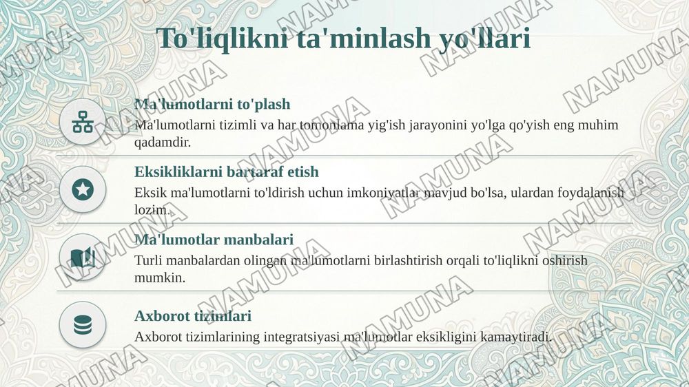Ekonometrik modellarning axborot ta'minoti: ma'lumotlarga qo'yiladigan talablar (to'liqlik, qiyoslilik, ishonchlilik) — taqdimot, 5-slayd