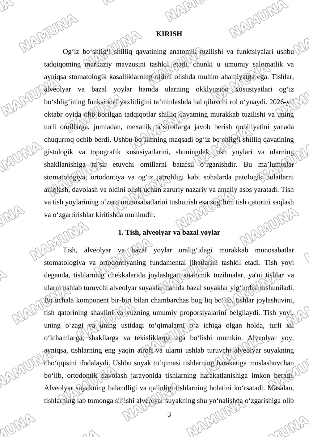 Og‘iz bo‘shlig‘i shilliq qavati. Tish, alveolyar va bazal yoylar haqida tushuncha. Okklyuzion egriliklar va tekisliklar. Tish yoylarining shakllari. Tishlar va tish yoylari. — referat, 3-varaq
