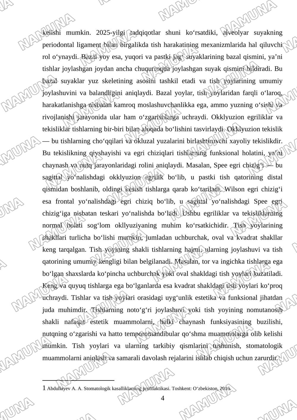 Og‘iz bo‘shlig‘i shilliq qavati. Tish, alveolyar va bazal yoylar haqida tushuncha. Okklyuzion egriliklar va tekisliklar. Tish yoylarining shakllari. Tishlar va tish yoylari. — referat, 4-varaq