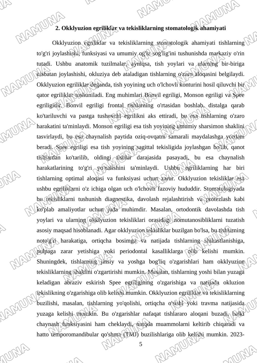 Og‘iz bo‘shlig‘i shilliq qavati. Tish, alveolyar va bazal yoylar haqida tushuncha. Okklyuzion egriliklar va tekisliklar. Tish yoylarining shakllari. Tishlar va tish yoylari. — referat, 5-varaq