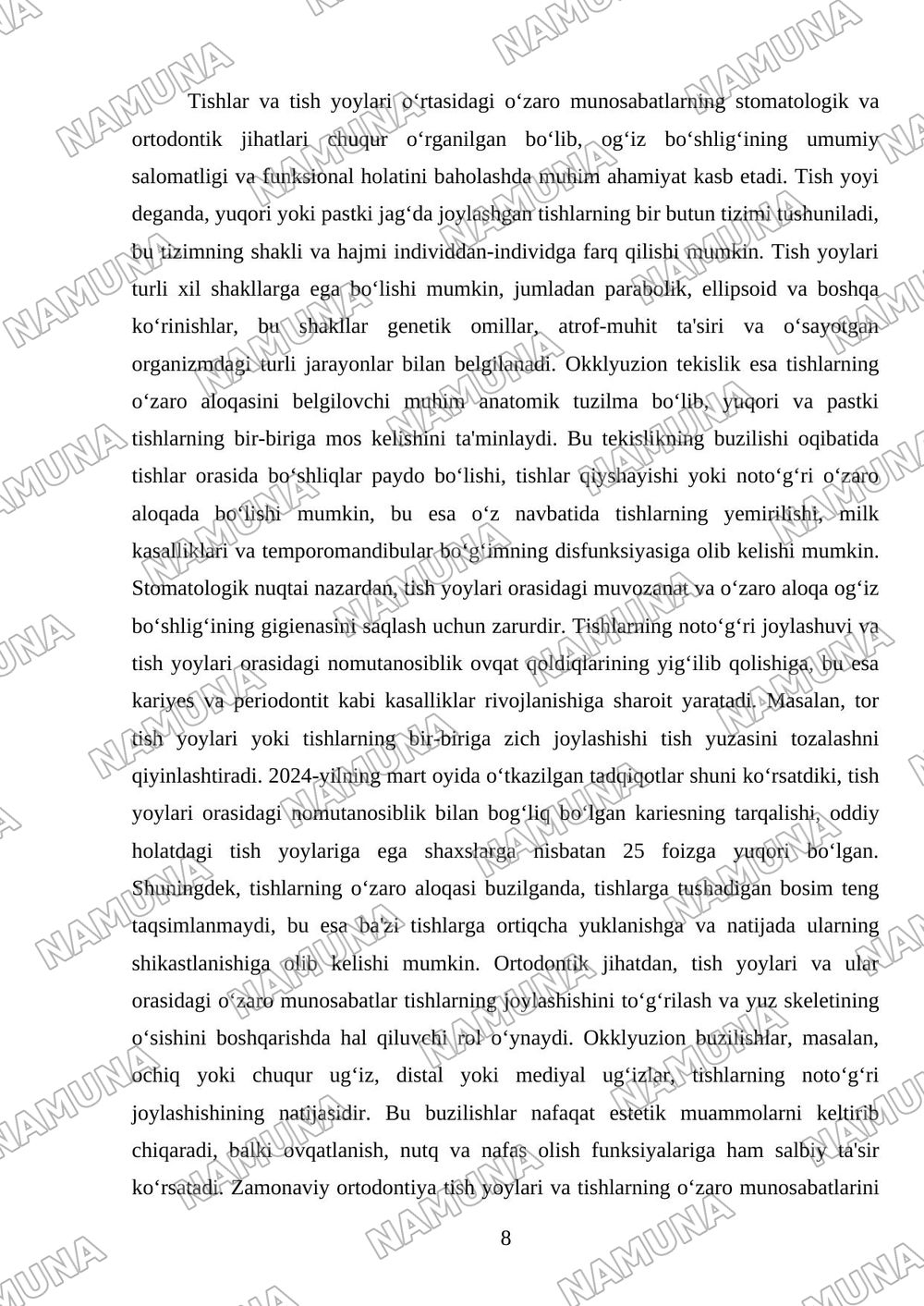 Og‘iz bo‘shlig‘i shilliq qavati. Tish, alveolyar va bazal yoylar haqida tushuncha. Okklyuzion egriliklar va tekisliklar. Tish yoylarining shakllari. Tishlar va tish yoylari. — referat, 8-varaq