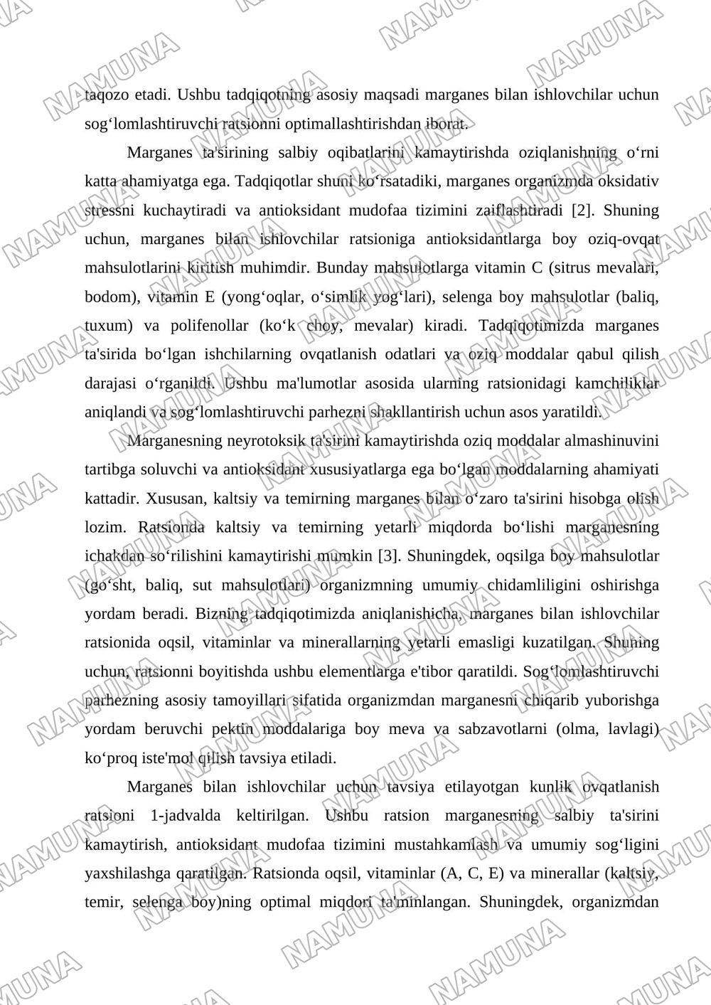 Marganes bilan ishlovchilar uchun profilaktik ratsion tuzish — tezis, 2-varaq