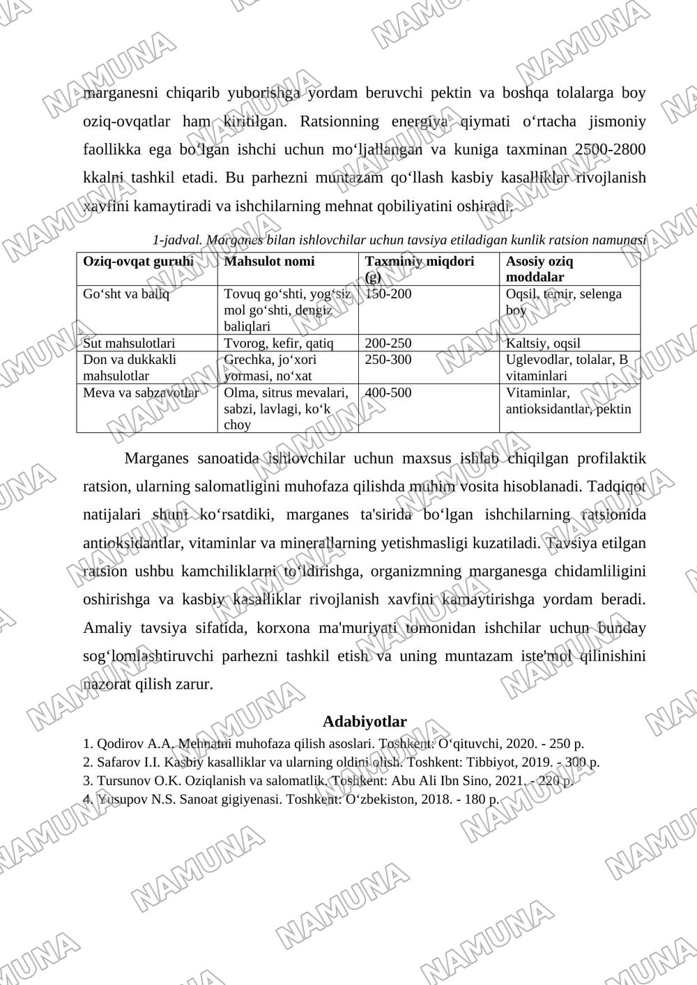 Marganes bilan ishlovchilar uchun profilaktik ratsion tuzish — tezis, 3-varaq