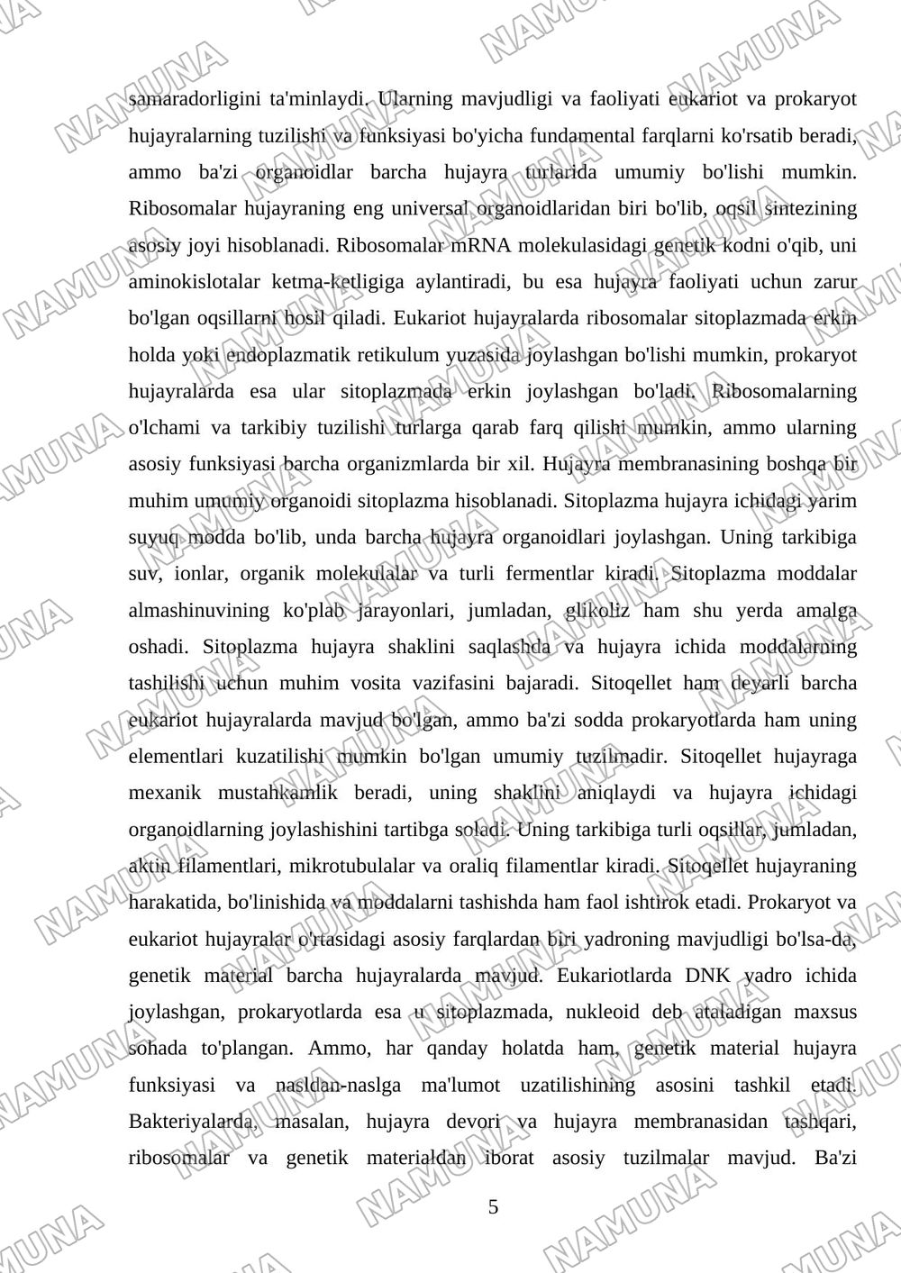 Xujayra nazariyasi. Xujayrani xususiy va umumiy organoidi va uning tarkibiy qismlari — mustaqil ish, 5-varaq