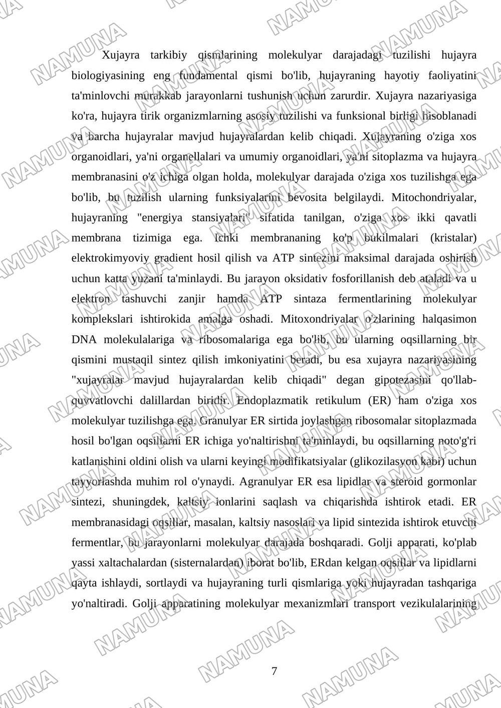 Xujayra nazariyasi. Xujayrani xususiy va umumiy organoidi va uning tarkibiy qismlari — mustaqil ish, 7-varaq