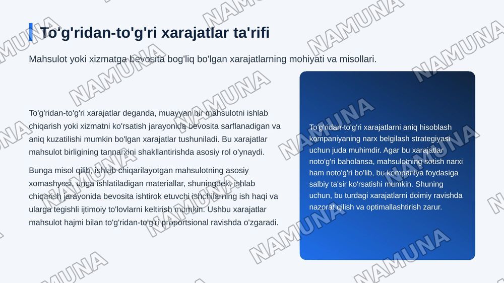 To‘g‘ridan-to‘g‘ri va bilvosita xarajatlarning xususiyatlari. — zamonaviy taqdimot, 5-slayd