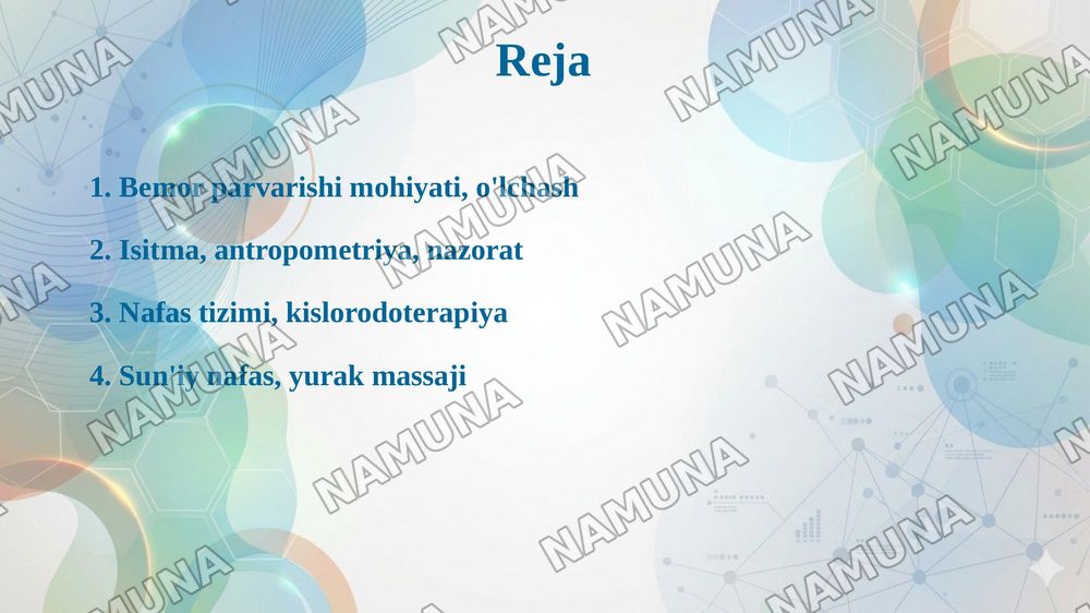 Bemorlar umumiy parvarishining mohiyati. Tana xaroratini oʻlchash. Isitmalayotgan bemorlarni parvarish qilish usullari. Antropometriya. Nafas tizimi kasalliklari bilan kasallangan bemorlarni parvarishi va ularning nazorati. Kislorodoterapiya. Plevral punksiya va bunda vrachga yordamlashish. Sun’iy n — taqdimot, 2-slayd