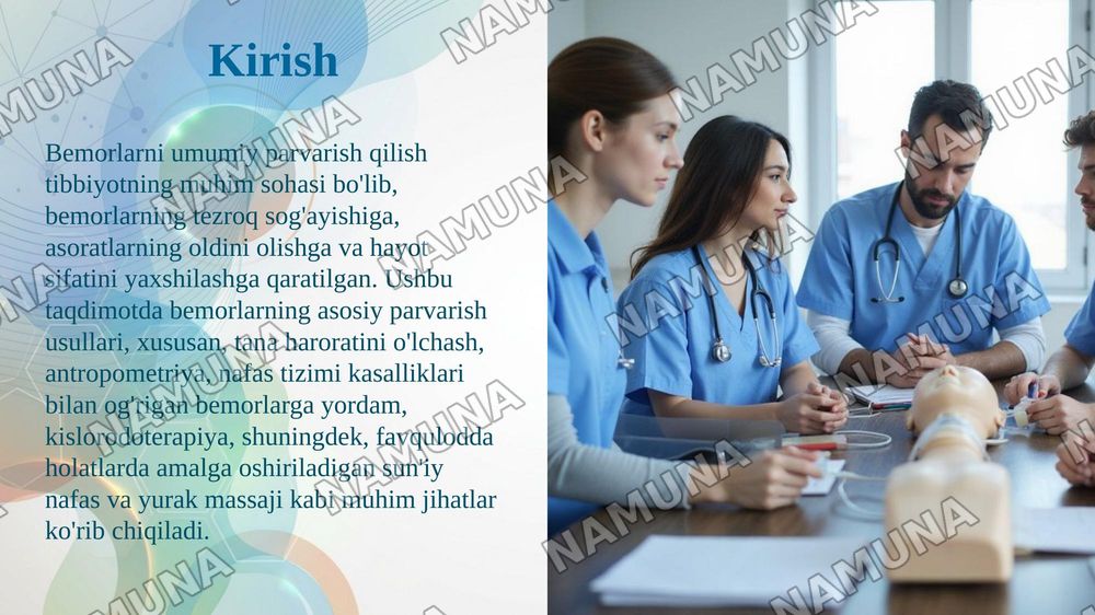 Bemorlar umumiy parvarishining mohiyati. Tana xaroratini oʻlchash. Isitmalayotgan bemorlarni parvarish qilish usullari. Antropometriya. Nafas tizimi kasalliklari bilan kasallangan bemorlarni parvarishi va ularning nazorati. Kislorodoterapiya. Plevral punksiya va bunda vrachga yordamlashish. Sun’iy n — taqdimot, 3-slayd