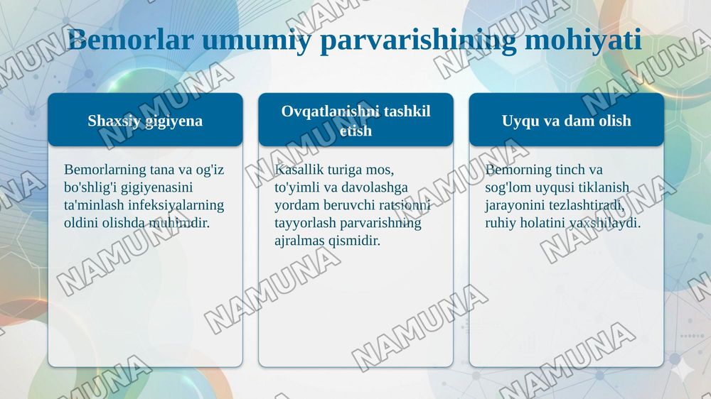 Bemorlar umumiy parvarishining mohiyati. Tana xaroratini oʻlchash. Isitmalayotgan bemorlarni parvarish qilish usullari. Antropometriya. Nafas tizimi kasalliklari bilan kasallangan bemorlarni parvarishi va ularning nazorati. Kislorodoterapiya. Plevral punksiya va bunda vrachga yordamlashish. Sun’iy n — taqdimot, 4-slayd