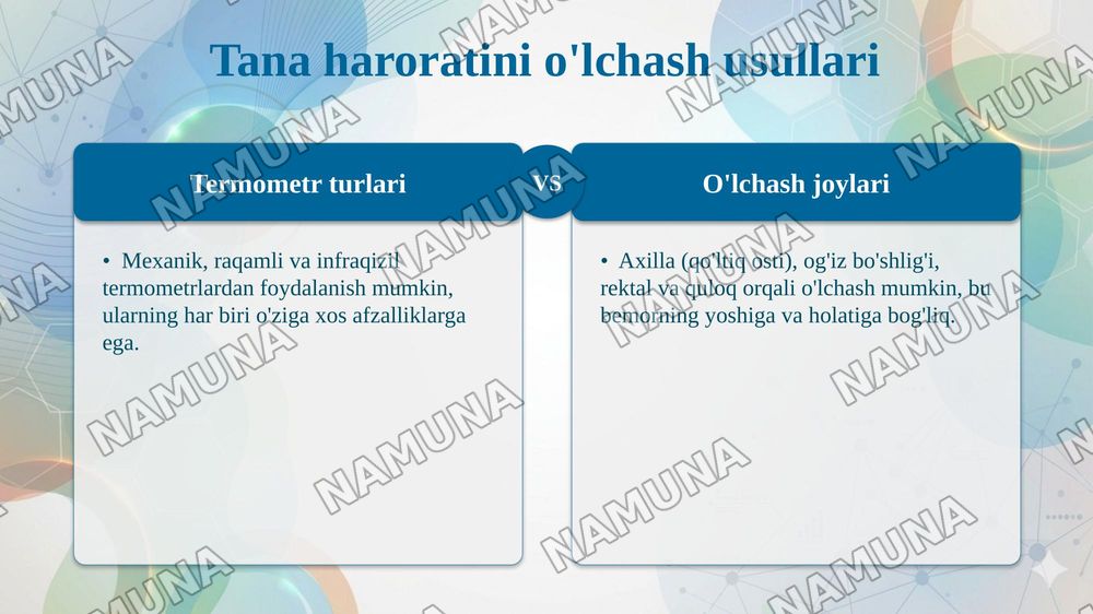 Bemorlar umumiy parvarishining mohiyati. Tana xaroratini oʻlchash. Isitmalayotgan bemorlarni parvarish qilish usullari. Antropometriya. Nafas tizimi kasalliklari bilan kasallangan bemorlarni parvarishi va ularning nazorati. Kislorodoterapiya. Plevral punksiya va bunda vrachga yordamlashish. Sun’iy n — taqdimot, 5-slayd