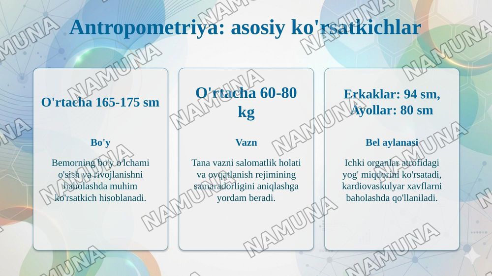 Bemorlar umumiy parvarishining mohiyati. Tana xaroratini oʻlchash. Isitmalayotgan bemorlarni parvarish qilish usullari. Antropometriya. Nafas tizimi kasalliklari bilan kasallangan bemorlarni parvarishi va ularning nazorati. Kislorodoterapiya. Plevral punksiya va bunda vrachga yordamlashish. Sun’iy n — taqdimot, 7-slayd
