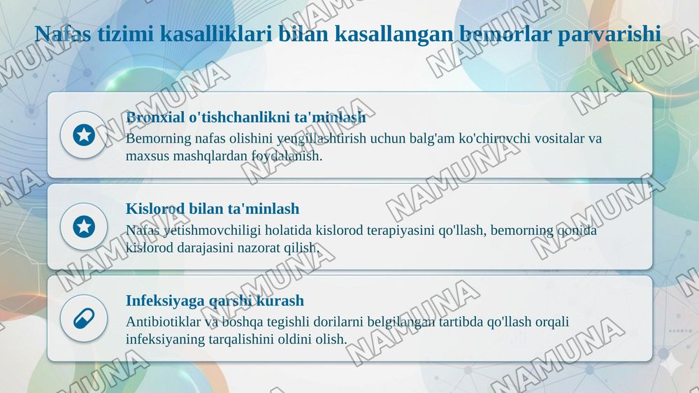 Bemorlar umumiy parvarishining mohiyati. Tana xaroratini oʻlchash. Isitmalayotgan bemorlarni parvarish qilish usullari. Antropometriya. Nafas tizimi kasalliklari bilan kasallangan bemorlarni parvarishi va ularning nazorati. Kislorodoterapiya. Plevral punksiya va bunda vrachga yordamlashish. Sun’iy n — taqdimot, 8-slayd