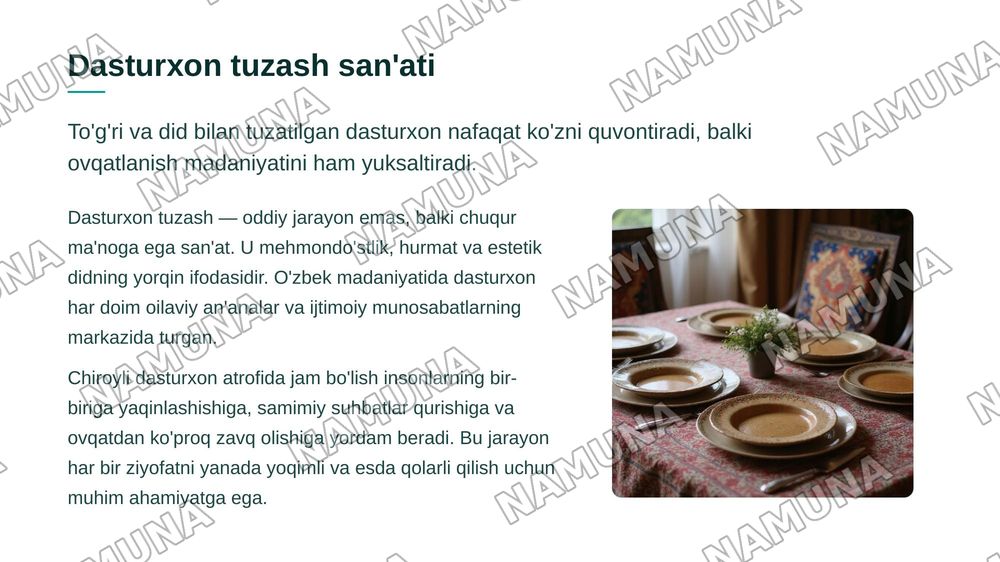 Amaliy mashgʻulot tushlik uchun dasturxon tuzash — zamonaviy taqdimot, 3-slayd