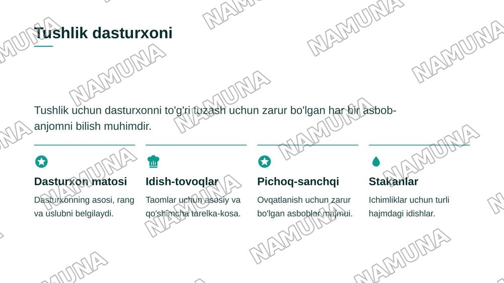 Amaliy mashgʻulot tushlik uchun dasturxon tuzash — zamonaviy taqdimot, 4-slayd