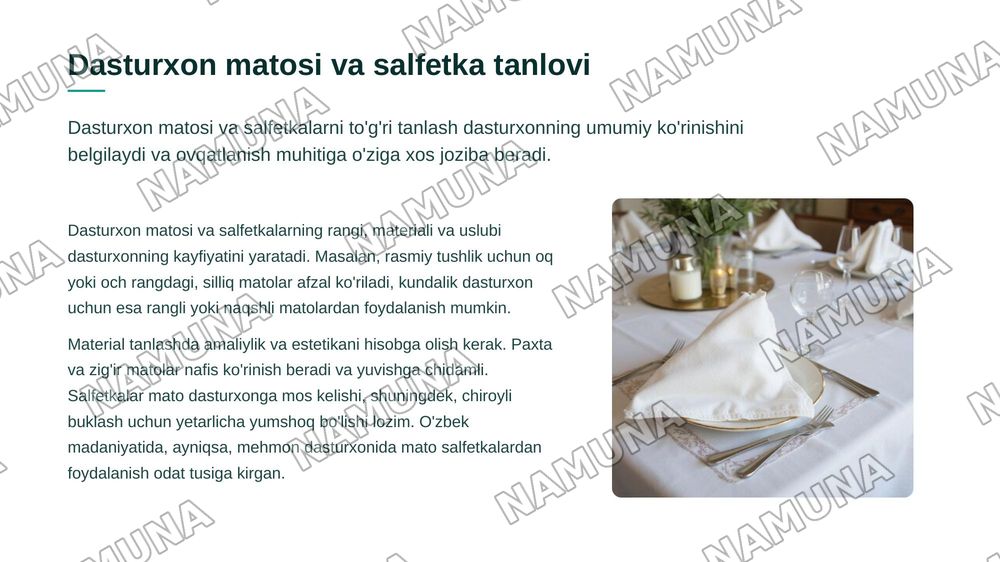 Amaliy mashgʻulot tushlik uchun dasturxon tuzash — zamonaviy taqdimot, 5-slayd