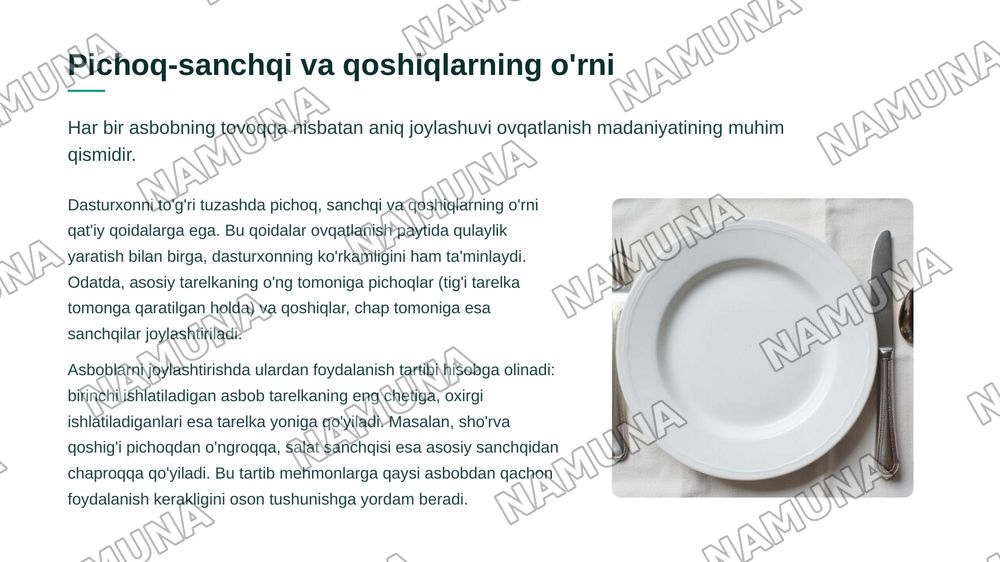 Amaliy mashgʻulot tushlik uchun dasturxon tuzash — zamonaviy taqdimot, 7-slayd