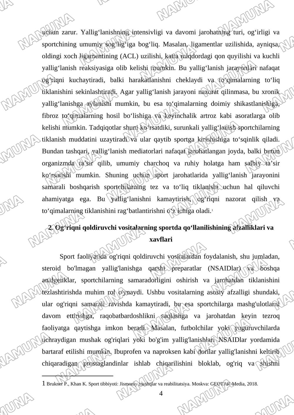Sportchilarda og‘riq qoldiruvchi, yallig'lanishga qarshi va tiklanishga yordam beruvchi vositalaridan foydalanish masalasi. — mustaqil ish, 4-varaq