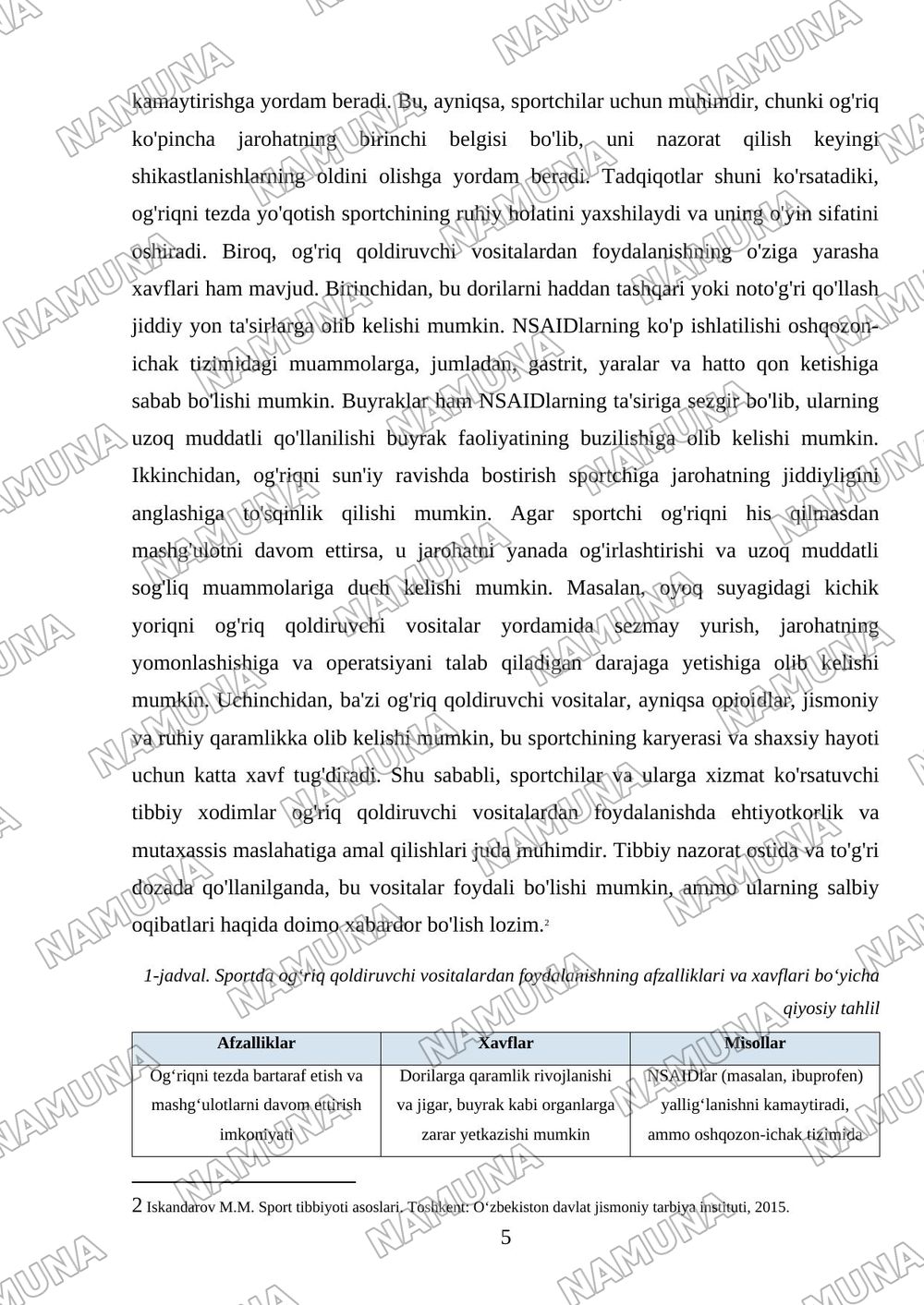 Sportchilarda og‘riq qoldiruvchi, yallig'lanishga qarshi va tiklanishga yordam beruvchi vositalaridan foydalanish masalasi. — mustaqil ish, 5-varaq