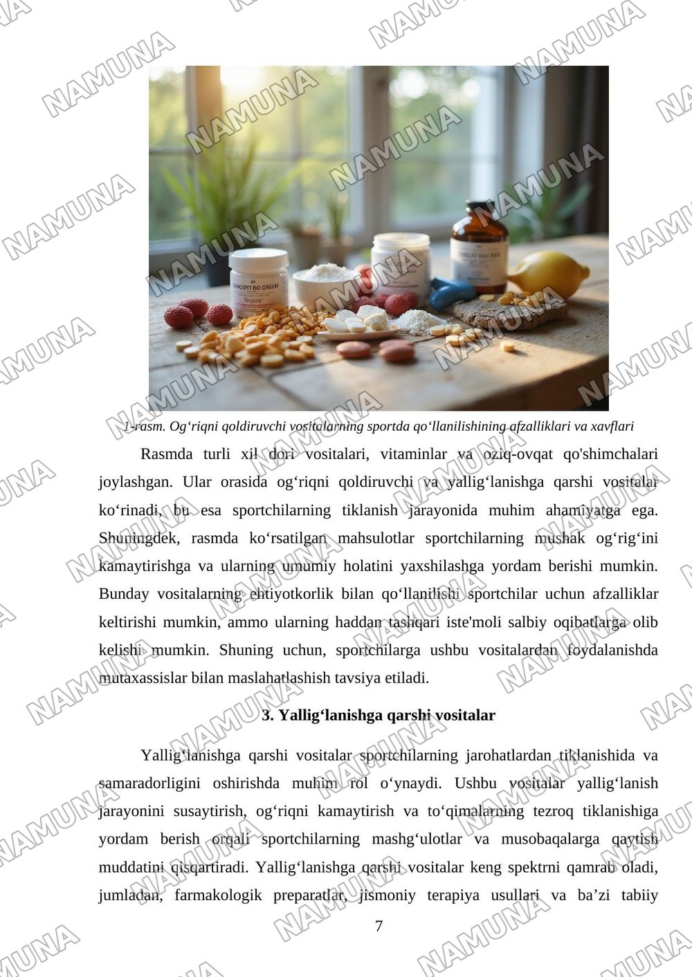 Sportchilarda og‘riq qoldiruvchi, yallig'lanishga qarshi va tiklanishga yordam beruvchi vositalaridan foydalanish masalasi. — mustaqil ish, 7-varaq