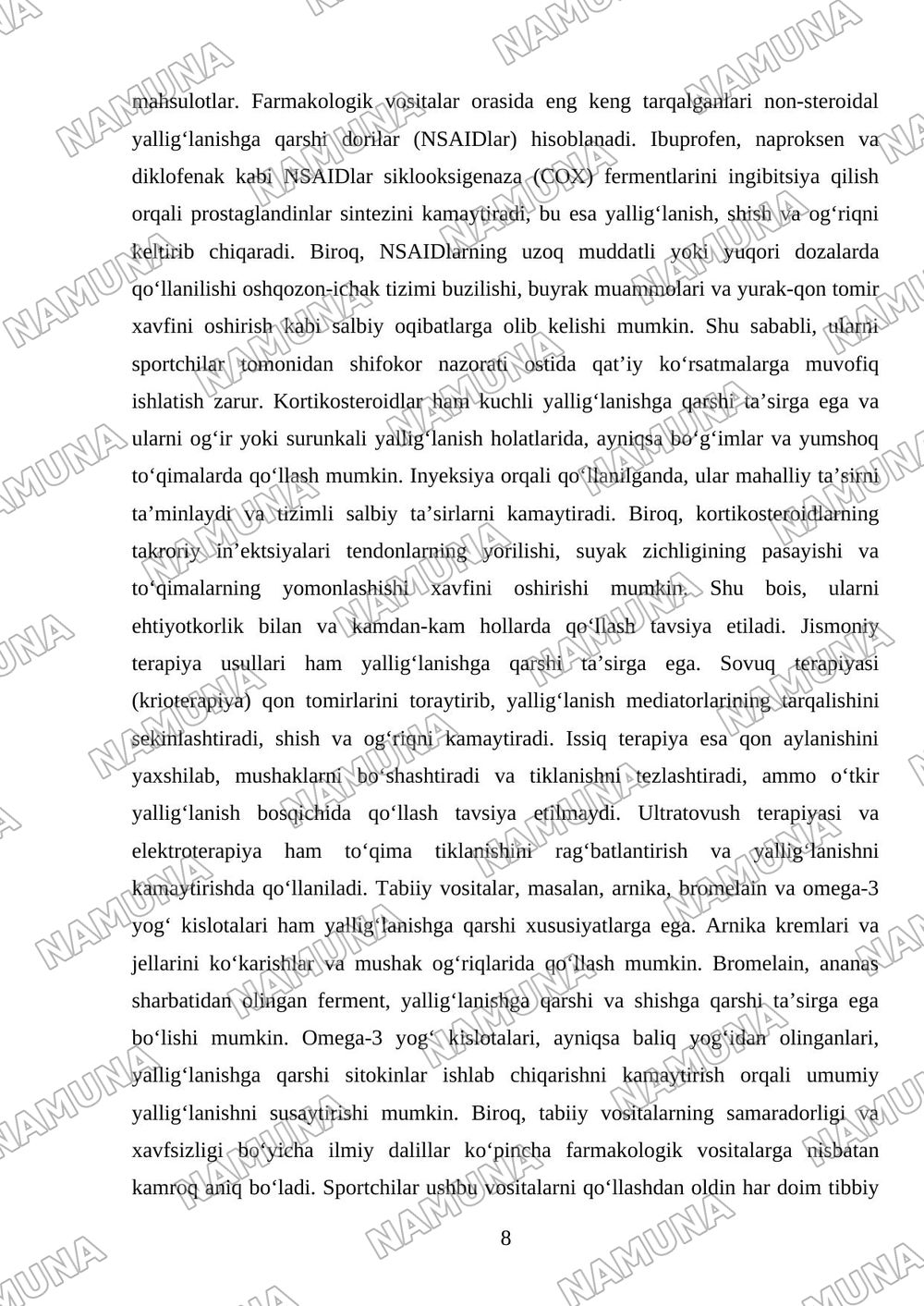 Sportchilarda og‘riq qoldiruvchi, yallig'lanishga qarshi va tiklanishga yordam beruvchi vositalaridan foydalanish masalasi. — mustaqil ish, 8-varaq