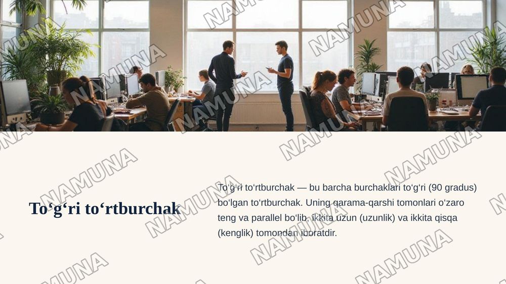 To‘g‘ri to‘rtburchak perimetri
To‘g‘ri to‘rtburchakning tomonlari a va b berilgan. Uning perimetrini aniqlang.
Formula:
P = 2(a+b) — zamonaviy taqdimot, 4-slayd