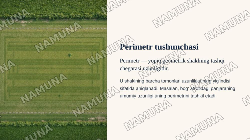 To‘g‘ri to‘rtburchak perimetri
To‘g‘ri to‘rtburchakning tomonlari a va b berilgan. Uning perimetrini aniqlang.
Formula:
P = 2(a+b) — zamonaviy taqdimot, 5-slayd