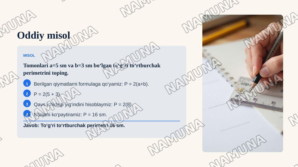 To‘g‘ri to‘rtburchak perimetri
To‘g‘ri to‘rtburchakning tomonlari a va b berilgan. Uning perimetrini aniqlang.
Formula:
P = 2(a+b) — zamonaviy taqdimot, 8-slayd