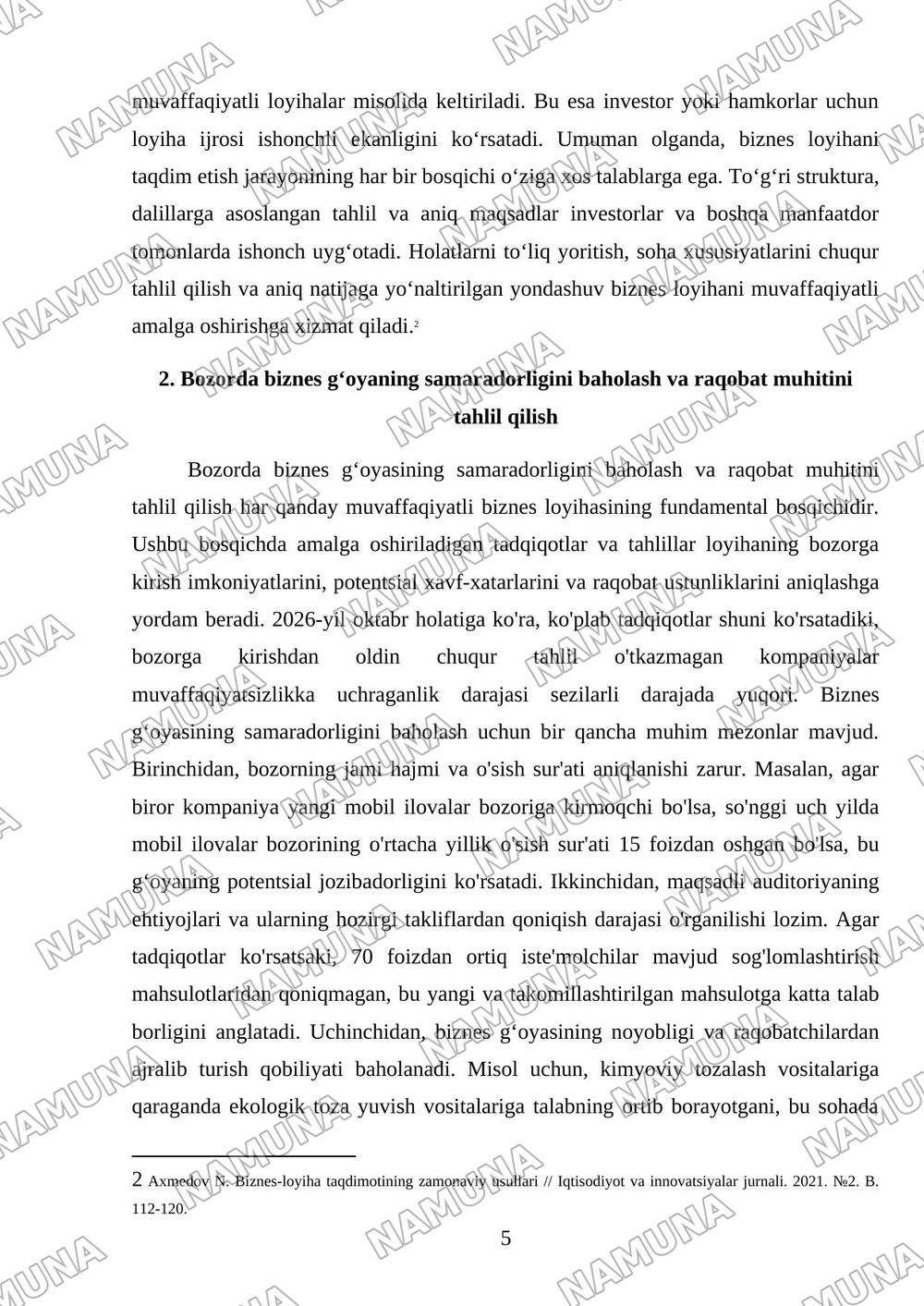 Biznes loyihani taqdim etish va rivojlanish strategiyasini ishlab chiqish — mustaqil ish, 5-varaq